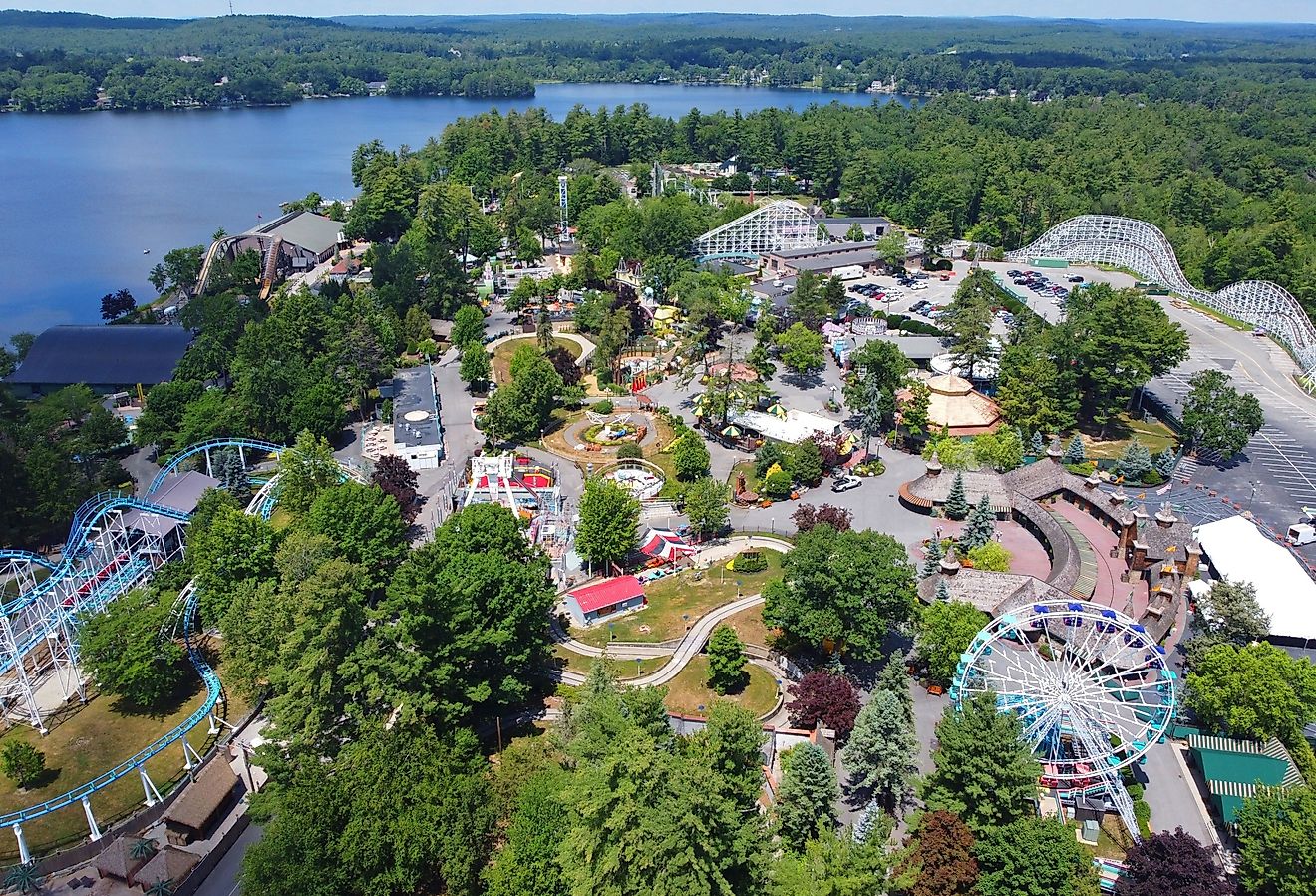Aerial view of Historic Canobie Lake Park by the Canobie Lake in town of Salem, New Hampshire NH, USA.