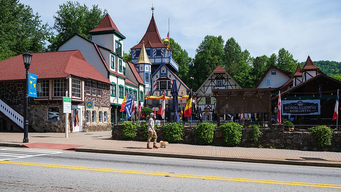 Cityscape view of the Bavarian-style architecture in Helen, Georgia, USA, a small mountain town in the northeast region of the state. Editorial credit: Fotoluminate LLC / Shutterstock.com