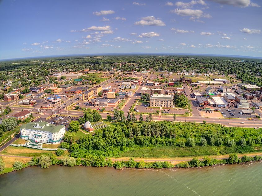Aerial view of the small town of Ashland, Wisconsin, on the shore of Lake Superior.