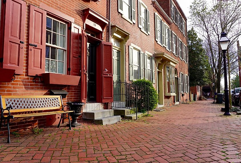 The historic colonial-era homes in New Castle, Delaware, USA.