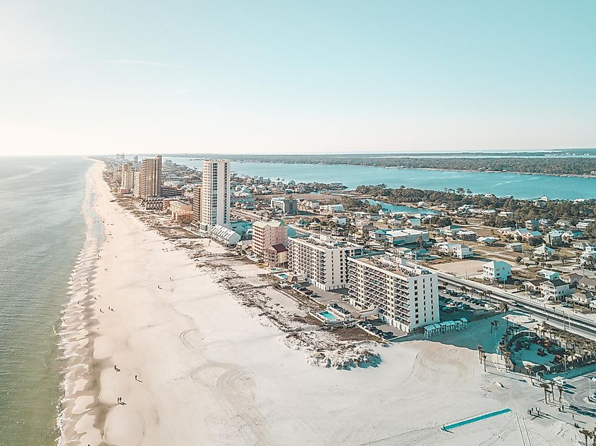 Aerial view of Gulf Shores Navarre Beach with stunning blue water.