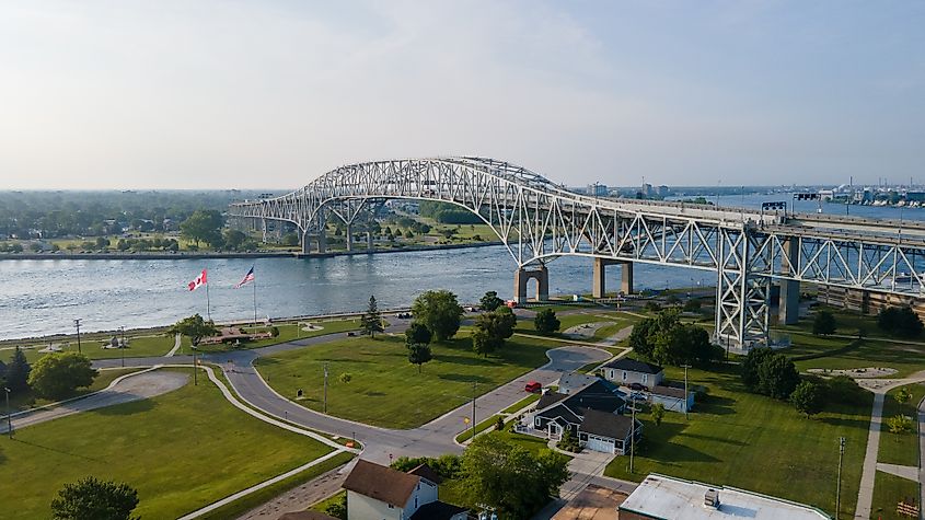 Aerial view of the Blue Water Bridge spanning the St. Clair River between Port Huron, Michigan, USA, and Canada.