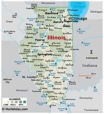 Physical Map of Illinois. It shows the physical features of Illinois including its mountain ranges, major rivers and lakes. 