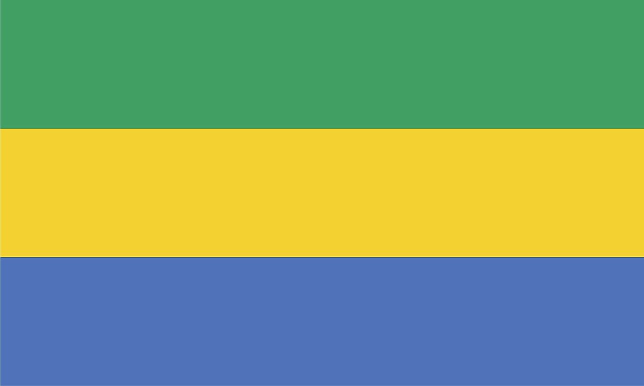 The flag of Gabon is a tricolor featuring three equal horizontal stripes of green (top), yellow, and blue from top to bottom