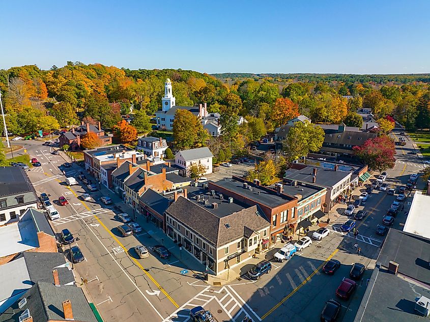 Concord historic town center aerial view in fall with fall foliage on Main Street in town of Concord, Massachusetts MA, USA.