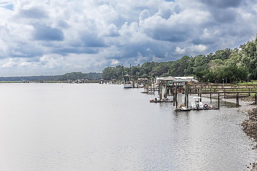 A view of coastal Bluffton, South Carolina during the daytime, featuring scenic landscapes and waterfront vistas.