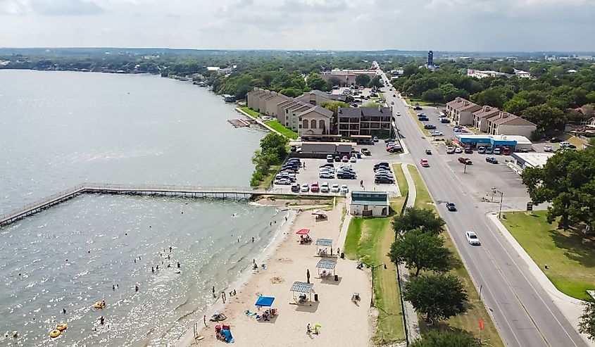 City Beach Park and downtown streets in Granbury, Texas.