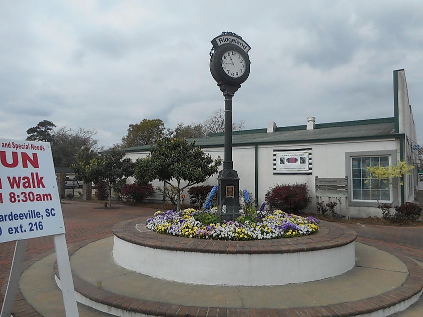 Street clock on the southwest corner of US 17/278 and South Carolina Highway 336 in Ridgeland, South Carolina, adding charm to the town's intersection.