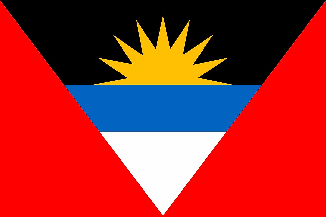 The national flag of Antigua and Barbuda is designed as a horizontal rectangle and its background is segmented into three inverted triangles.