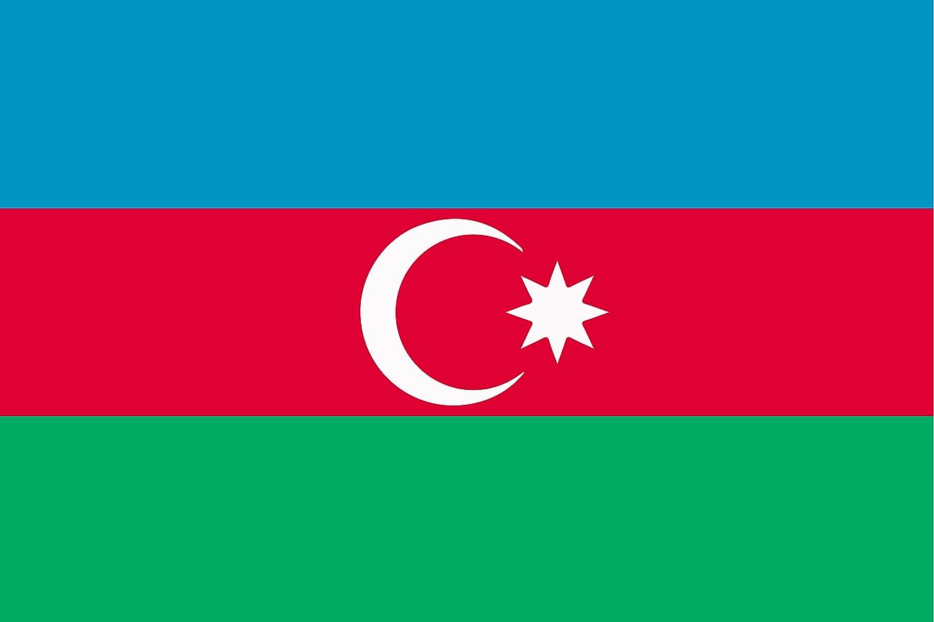 The Tricolor Flag of Azerbaijan features three equal horizontal bands with a crescent and a star at the center of the middle band.