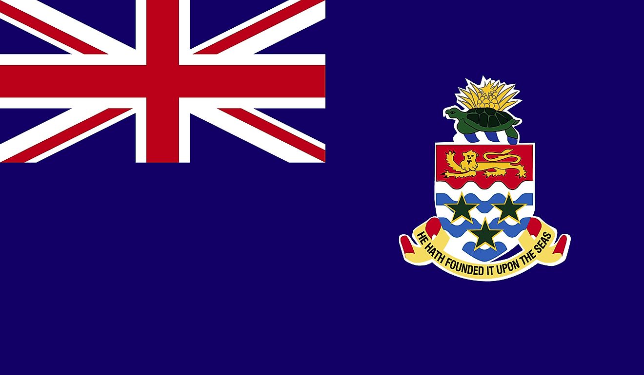 The flag of Cayman Island consists of a blue field with the Union Jack on the upper hoist and national coat of arms on the fly. 