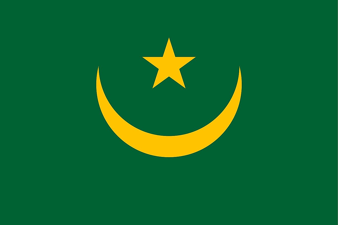 The flag of Mauritania consists upward facing gold crescent moon with five-pointed star between the horns on a green field with red stripe on top and at the bottom