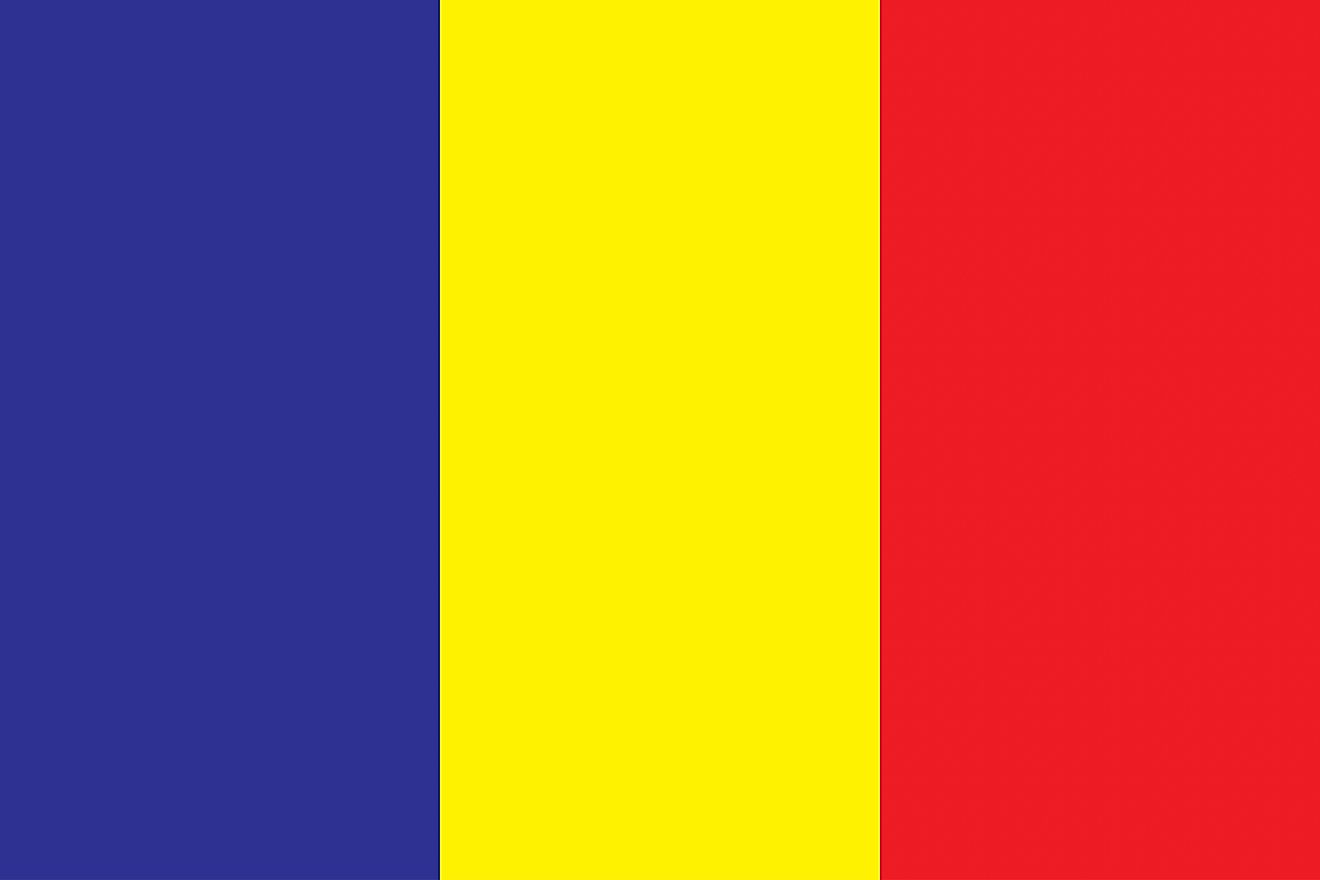 The National Flag of Chad features three equal vertical bands of blue (hoist side), gold, and red. 