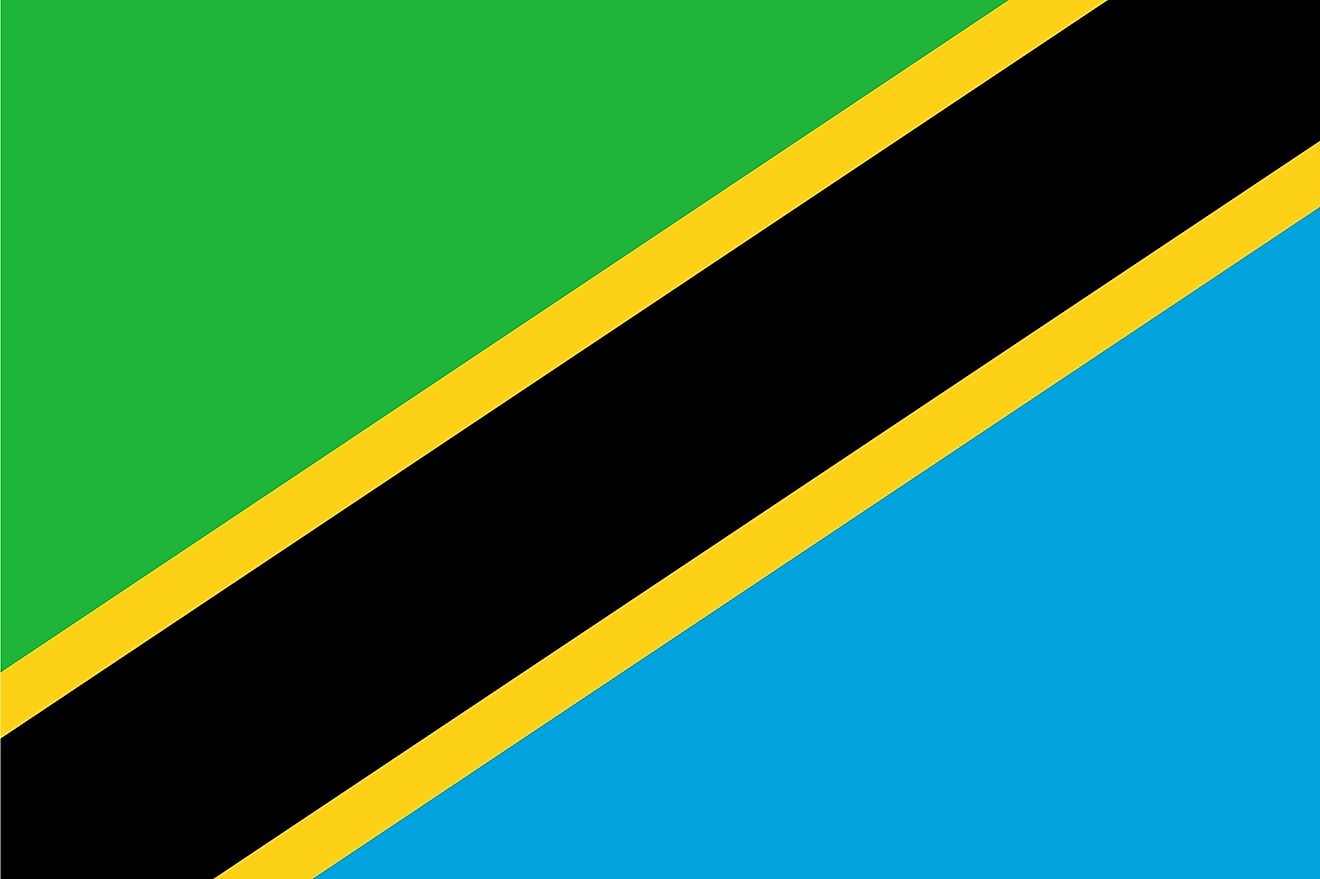 The National Flag of Tanzania is divided diagonally by a yellow-edged black band from the lower hoist-side corner; with the upper triangle (hoist side) being green and the lower triangle being blue.