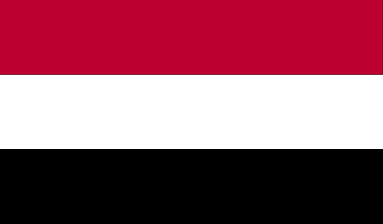 The National Flag of Yemen is a horizontal tricolor and features three equal horizontal bands of the Pan-Arab colors: red (top), white (middle), and black (bottom).