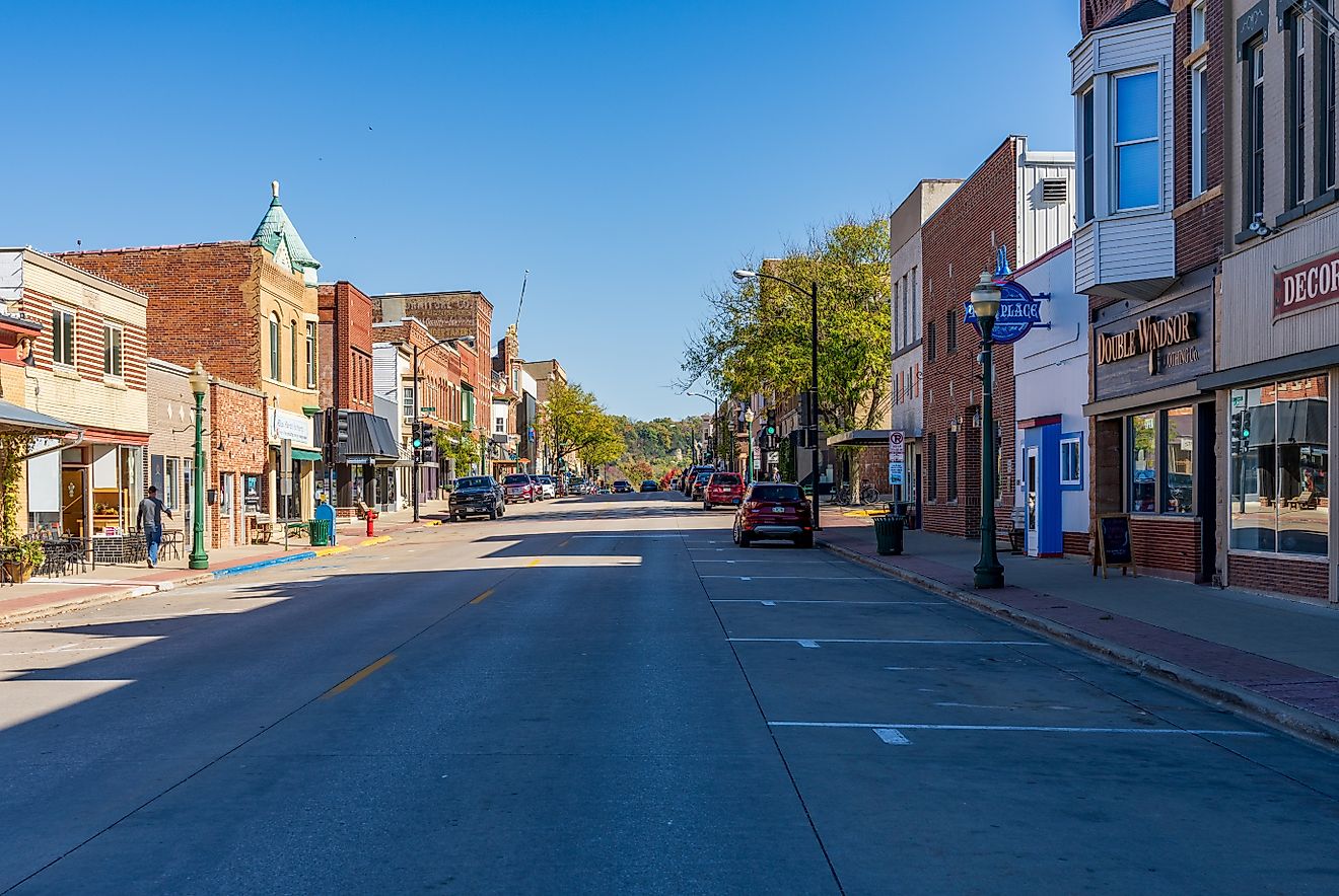 Businesses lined along W Water Street in Decorah, Iowa. Editorial credit: Steve Heap / Shutterstock.com
