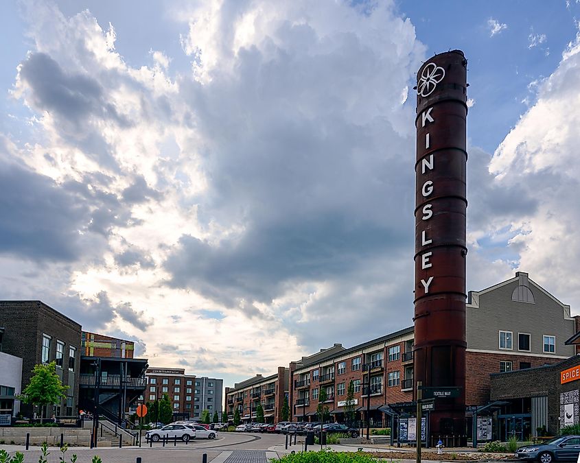 The iconic smokestack at Kingsley Town Center in Fort Mill, South Carolina, United States, stands tall as a symbol of industrial heritage, now part of the urban renewal at Kingsley.