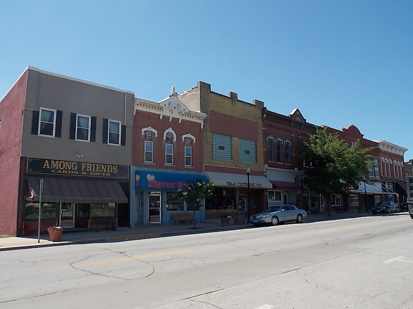 Shops and stores along the commercial district in Tipton, Iowa.