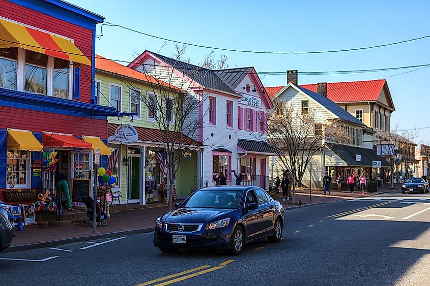 Shops and stores along the main street of St. Michaels, Maryland.