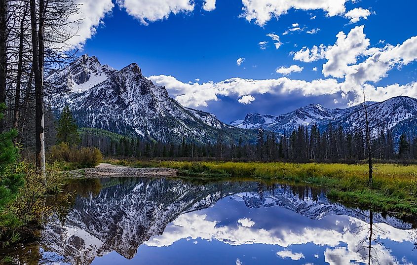 McGown Peak near Stanley, Idaho, reflected in a pond located in a wetland area near Stanley Lake.