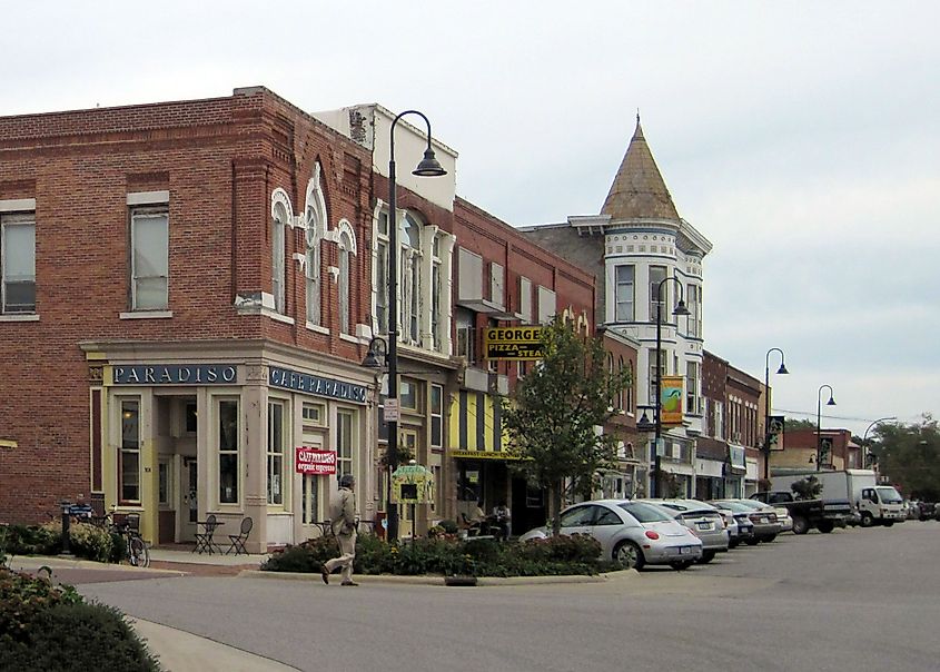 Brick buildings along Main Street in Fairfield, Iowa.