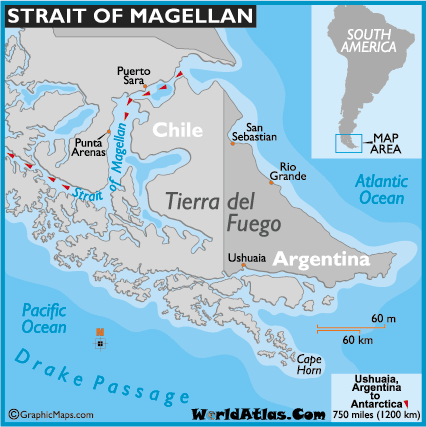 World  on World Map   South America   Strait Of Magellan