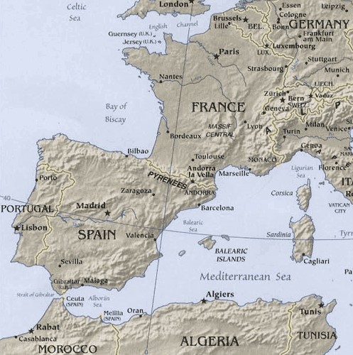On the map above note the Pyrenees Mountains, the mountains in central On the map above note the Pyrenees Mountains, the mountains in central