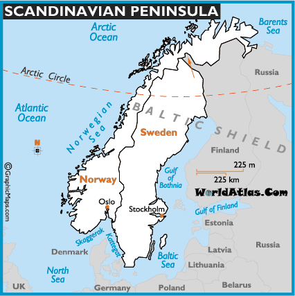 The Scandinavian Peninsula of northern Europe includes the countries of