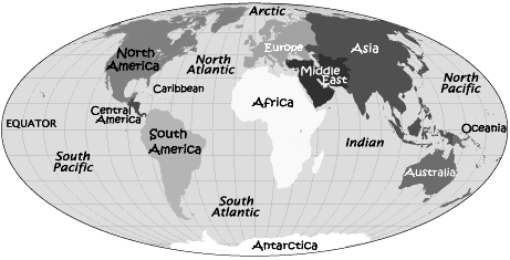 World Map with Continents and Oceans Identified Black and White