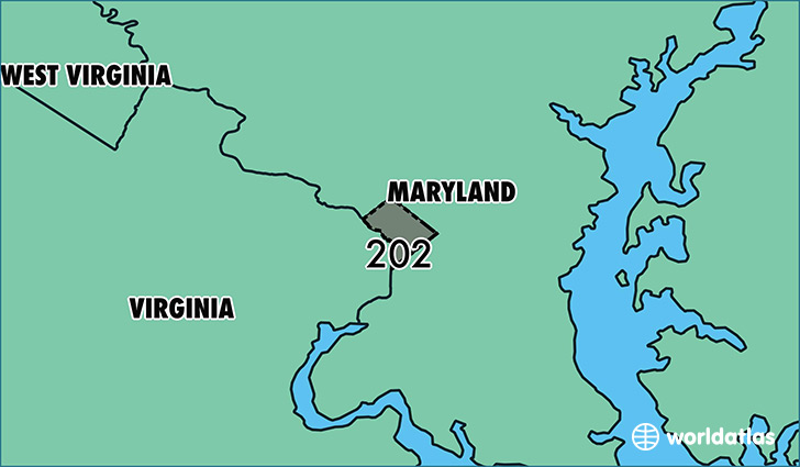 Map of District of Columbia with area code 202 highlighted