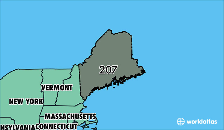 Map of Maine with area code 207 highlighted