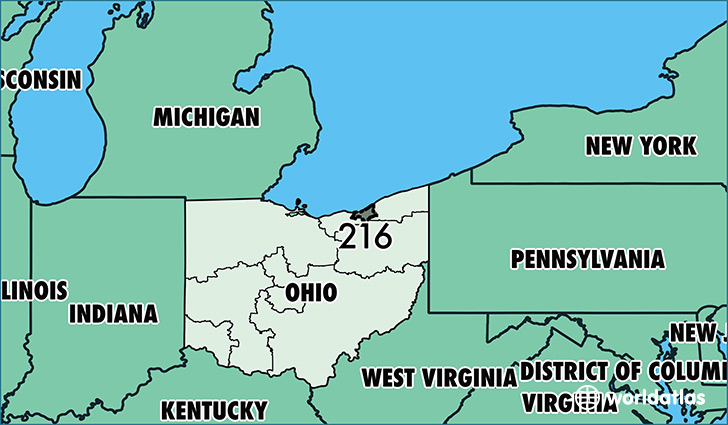 Map of Ohio with area code 216 highlighted