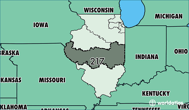 Map of Illinois with area code 217 highlighted