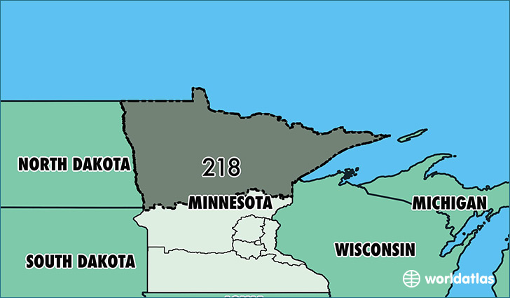Map of Minnesota with area code 218 highlighted