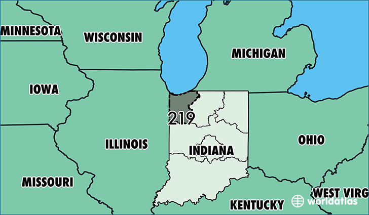 Map of Indiana with area code 219 highlighted