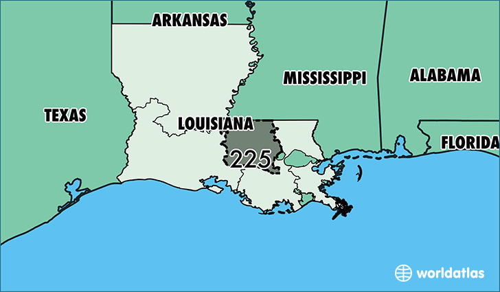 Map of Louisiana with area code 225 highlighted