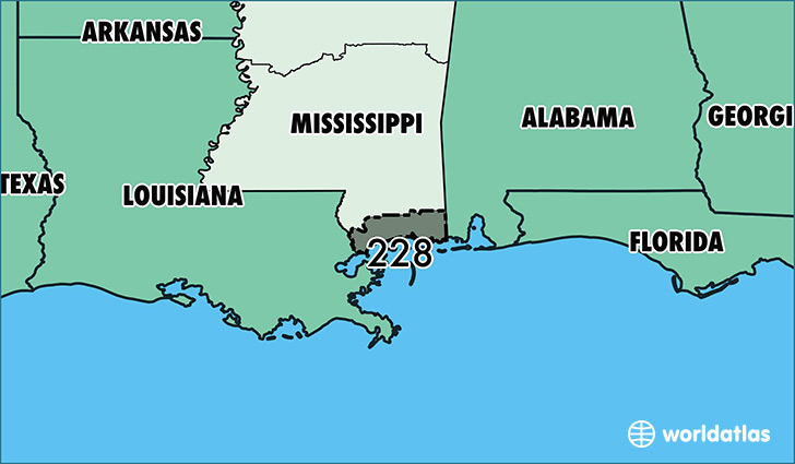 Map of Mississippi with area code 228 highlighted