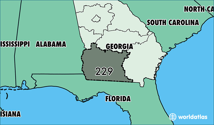 Map of Georgia with area code 229 highlighted