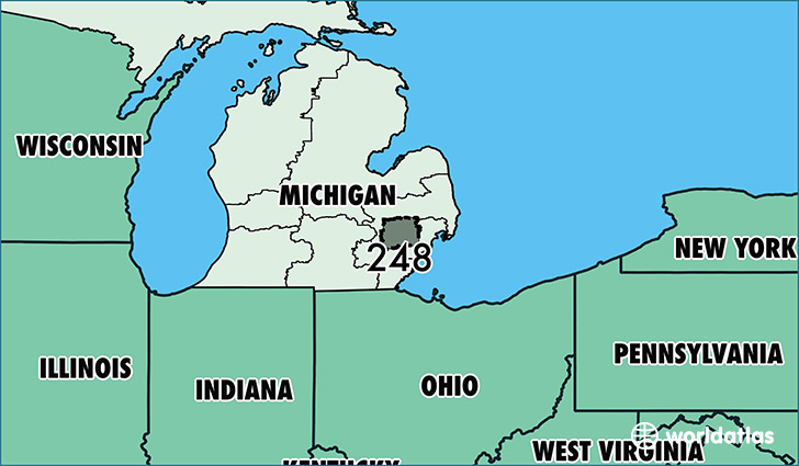 Map of Michigan with area code 248 highlighted