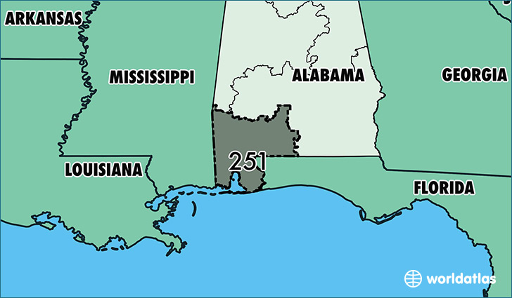 Map of Alabama with area code 251 highlighted