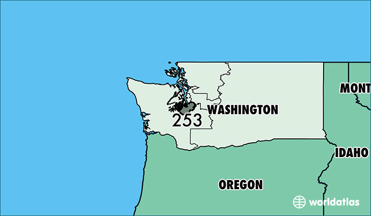 Map of Washington with area code 253 highlighted