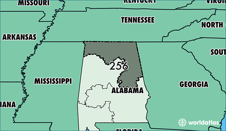 Map of Alabama with area code 256 highlighted