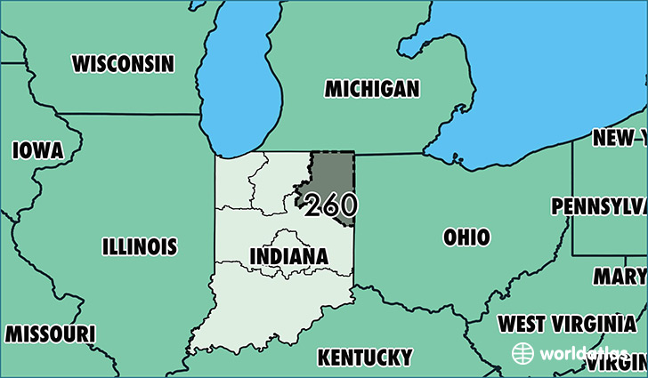 Map of Indiana with area code 260 highlighted