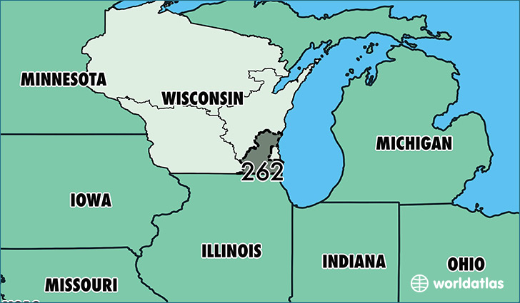 Map of Wisconsin with area code 262 highlighted