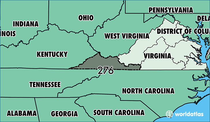 Map of Virginia with area code 276 highlighted