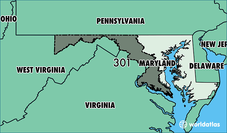 Map of Maryland with area code 301 highlighted