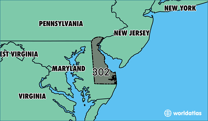 Map of Delaware with area code 302 highlighted