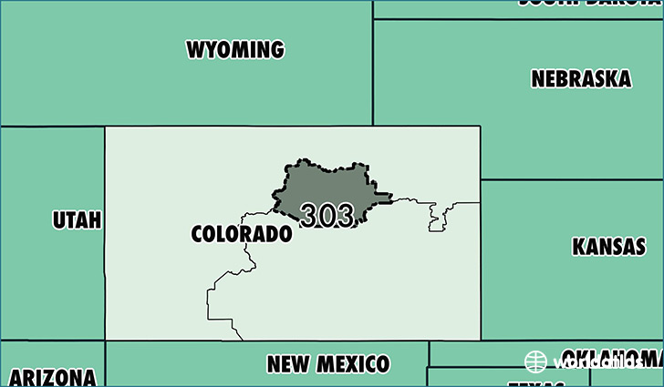 Map of Colorado with area code 303 highlighted