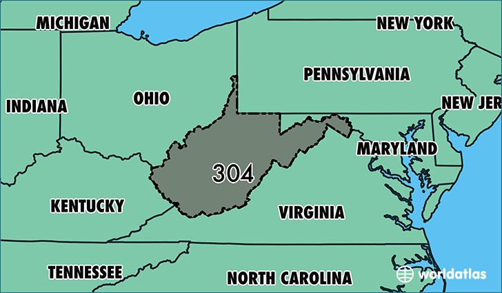 Map of West Virginia with area code 304 highlighted