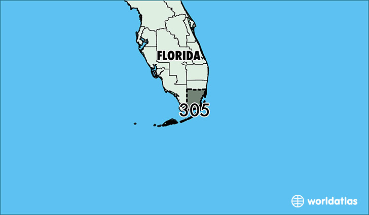 Map of Florida with area code 305 highlighted